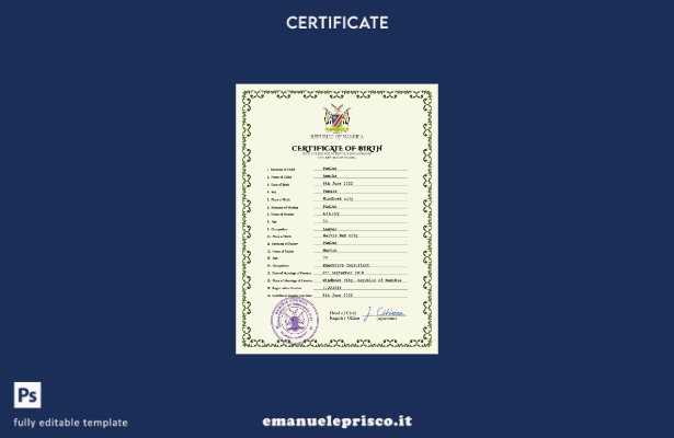 modello PSD del certificato di nascita del documento di stato civile della Namib